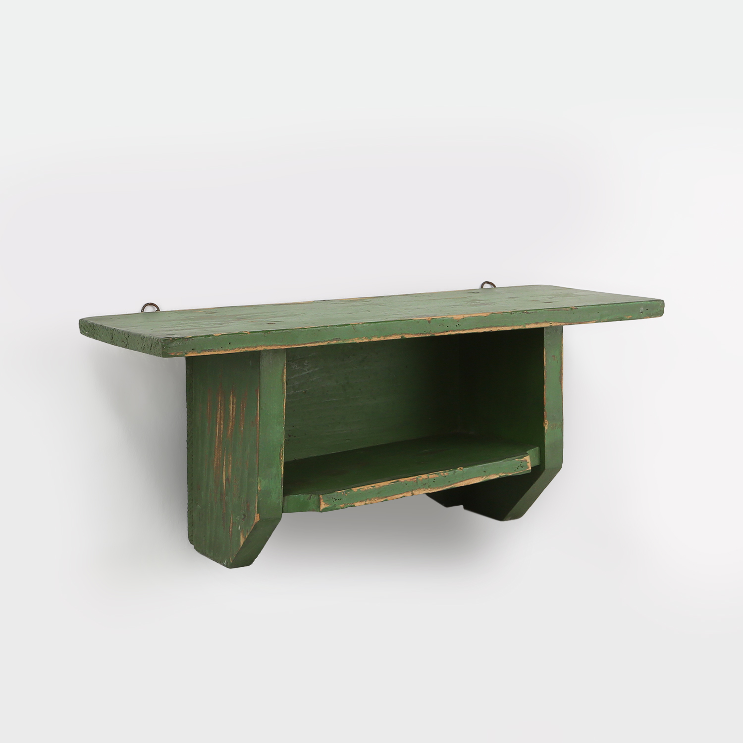 Small Rustic Green Wooden Wall Unit with 2 Shelves, France, 1880sthumbnail